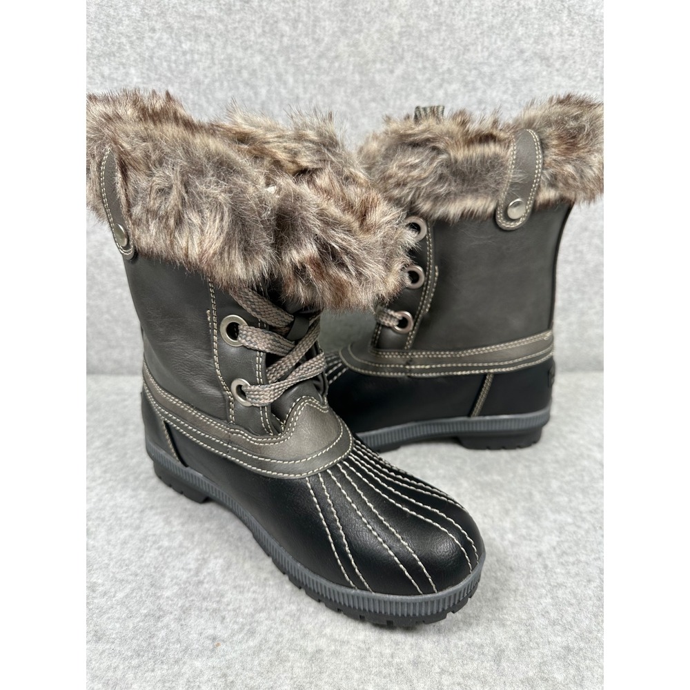 London Fog Milly Women's Winter Duck‎ Boots Faux Fur Trim Black Gray Size 8